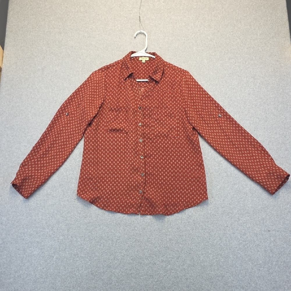 Lily White Women’s Button Up Shirt Small | Rust Red Print Long Sleeve Top